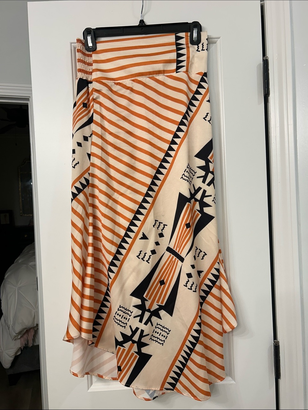 Women's Orange and Cream Patterned Midi Skirt